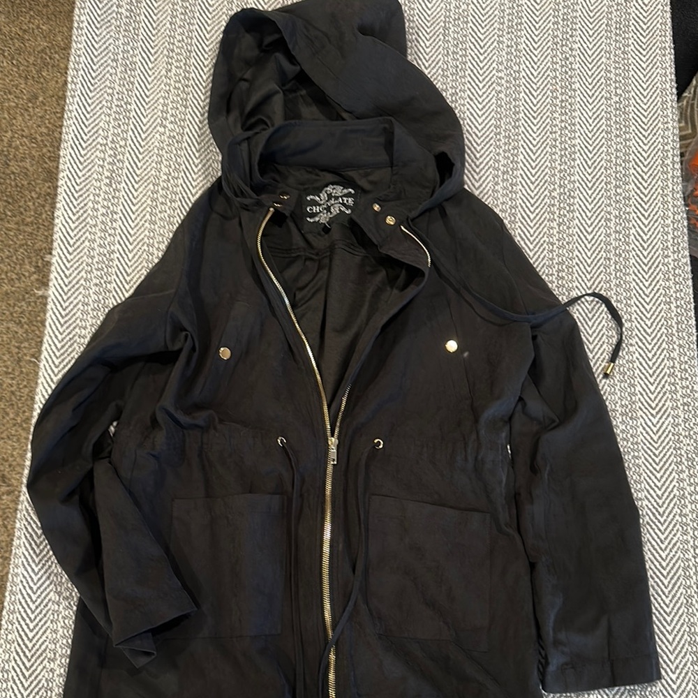 Girl Black Hooded Jacket with Gold zipper